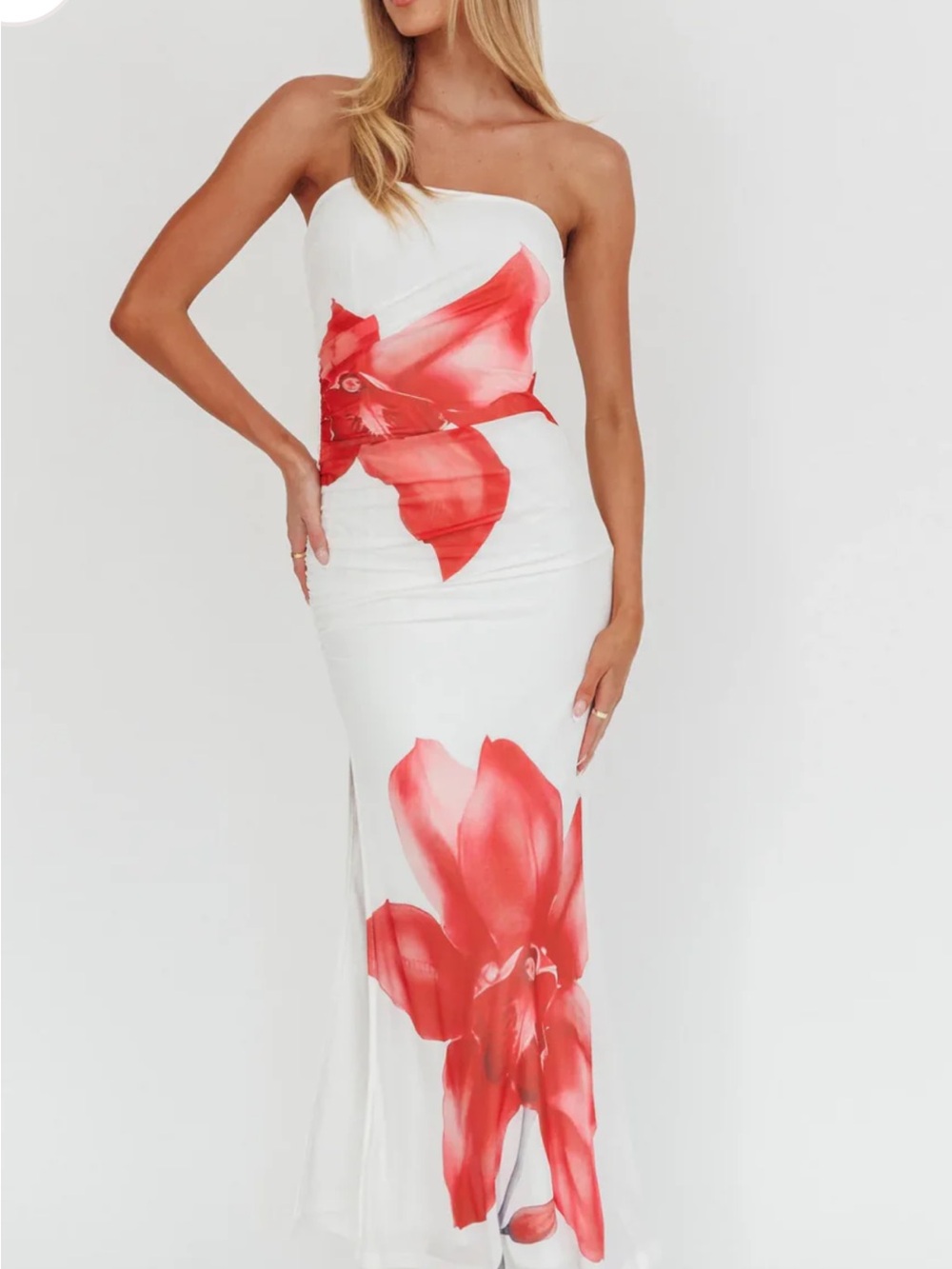 Floral Slip Maxi Dress in White with Pink & Red Blooms